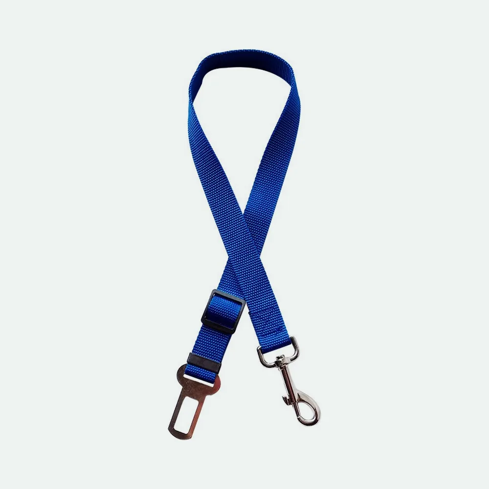 Blue nylon dog seat belt tether with a seat-belt tongue, slider and swivel clip