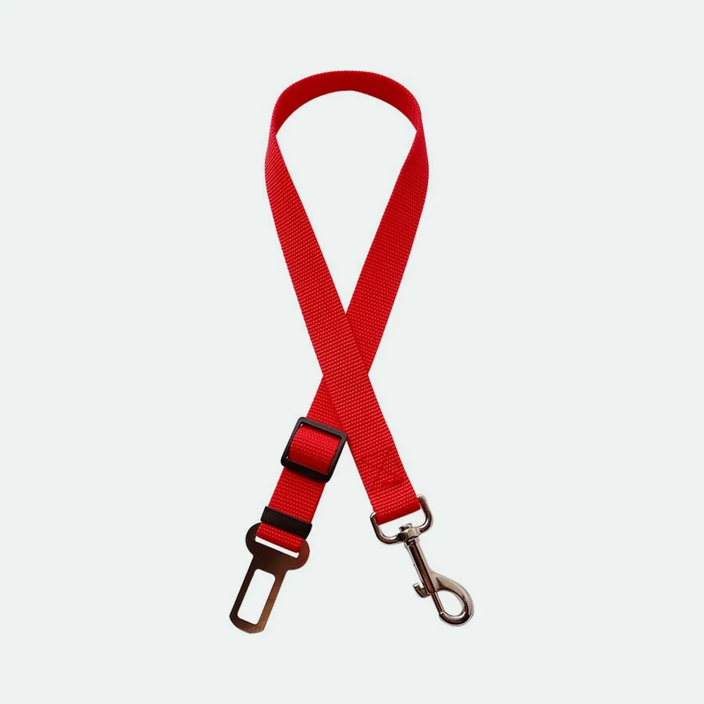 Red nylon dog seat belt tether with a seat-belt tongue, slider and swivel clip