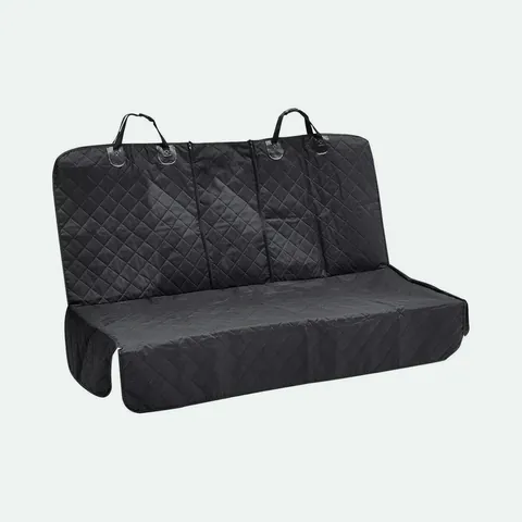Black quilted back seat hammock fitted across a rear car seat, with straps over the headrests
