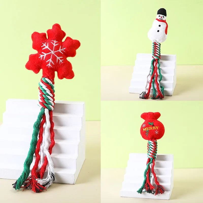 Snowflake set: red snowflake, snowman and red "Merry" sack plush heads on braided ropes