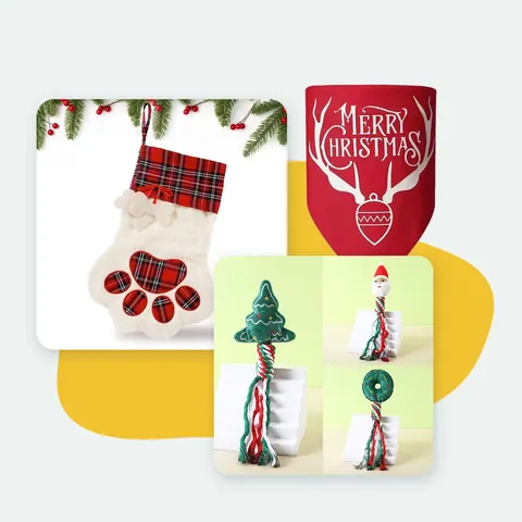 The Christmas Stocking Kit: tartan paw stocking, red Christmas bandana and three rope and plush toys