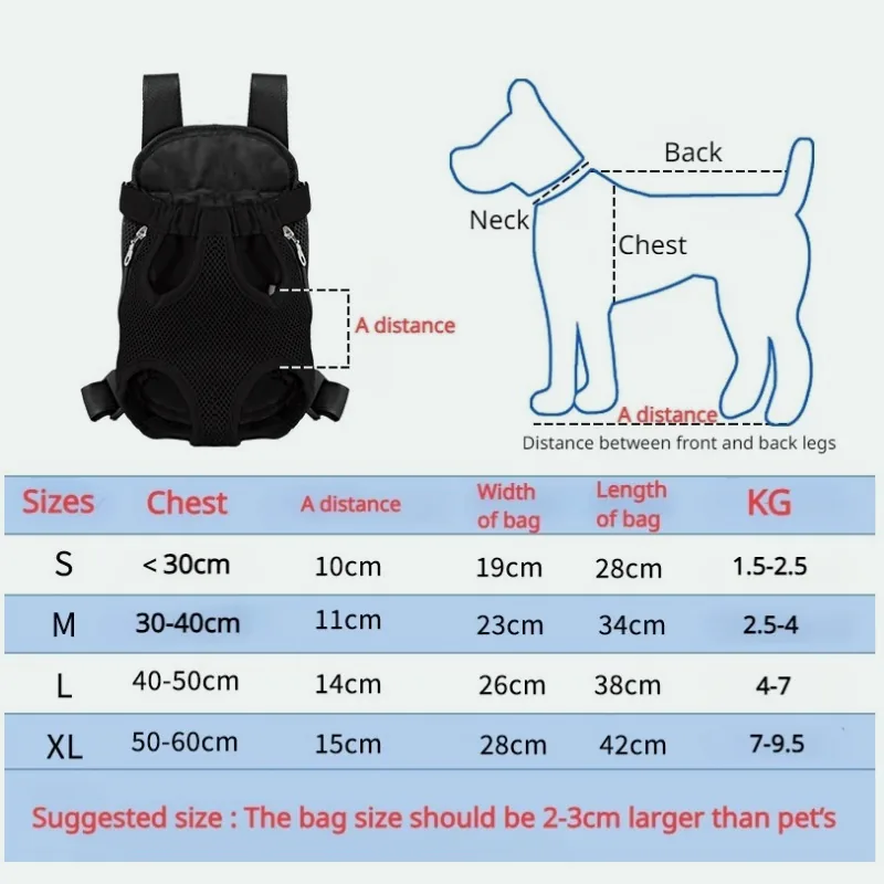 Size chart for the front carrier in centimetres: chest, bag width and length, and dog weight for sizes S to XL