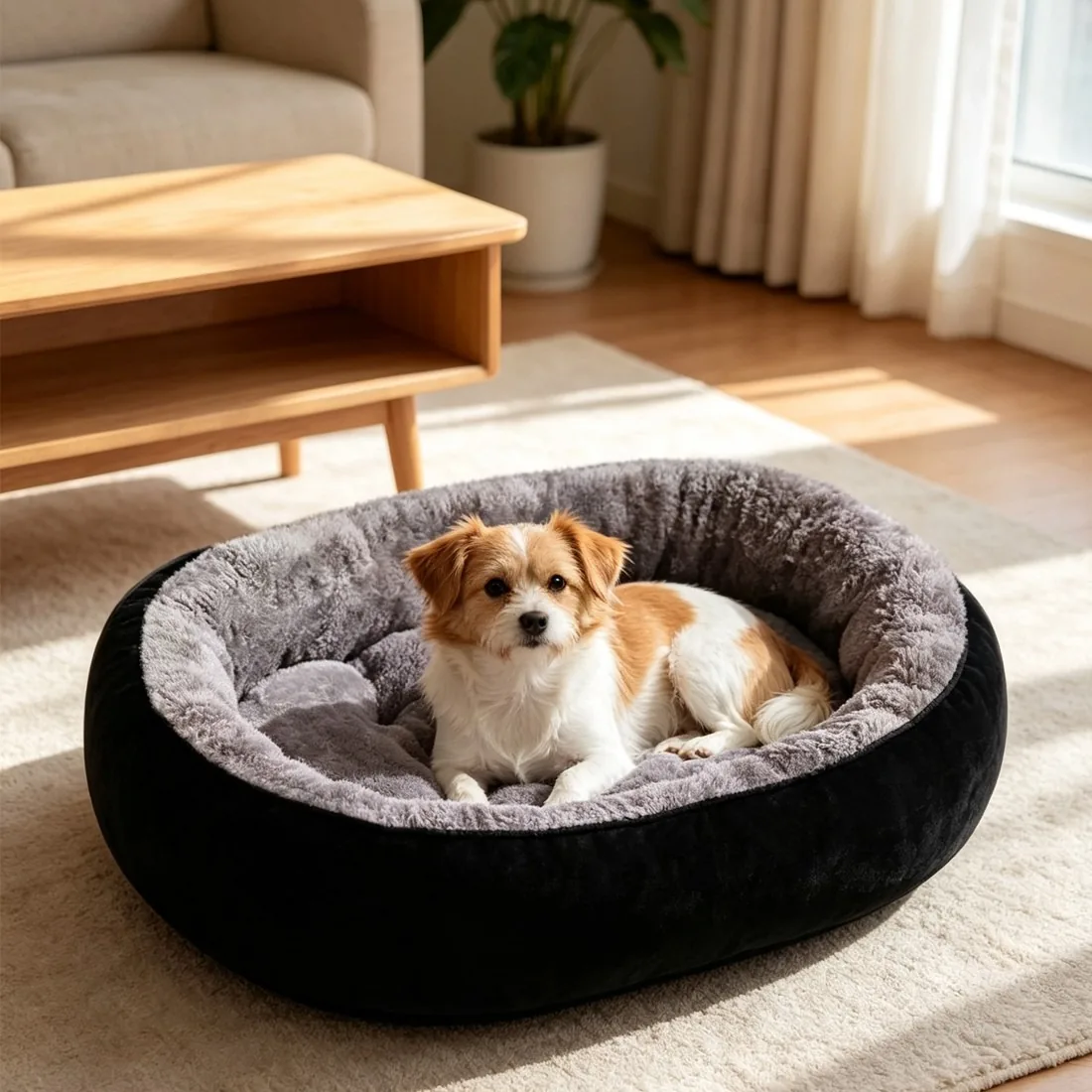 Small tan and white dog lying in the oval fleece bed on a living-room rug