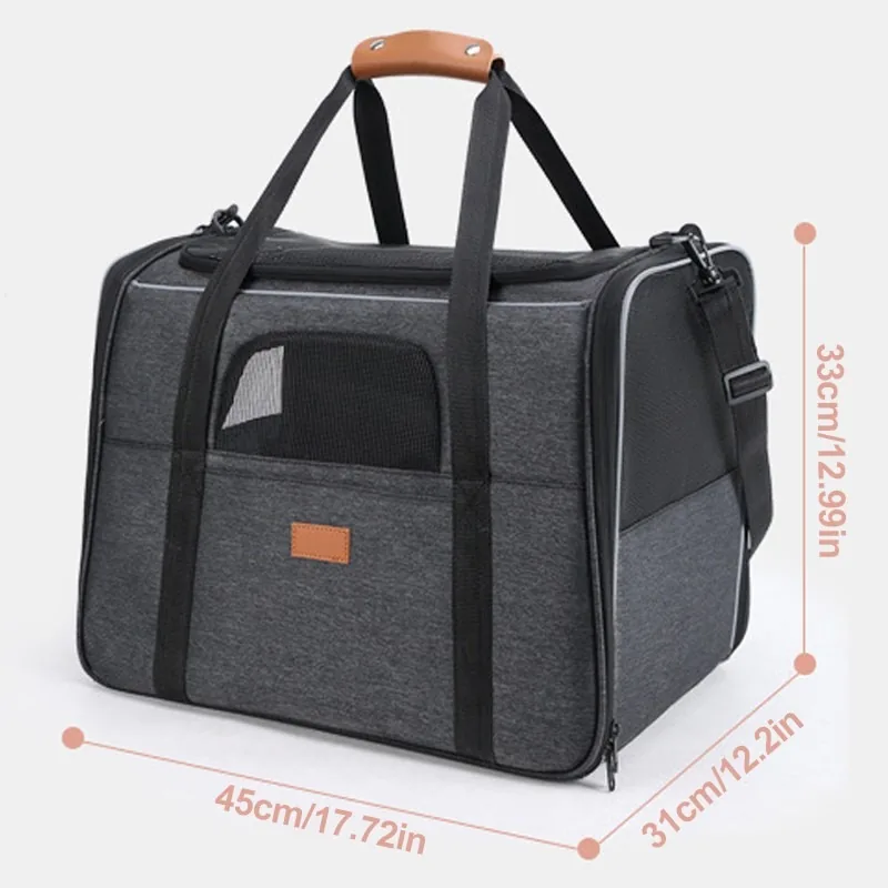 Grey soft pet carrier with mesh window and shoulder strap, measurements marked 45 × 31 × 33 cm