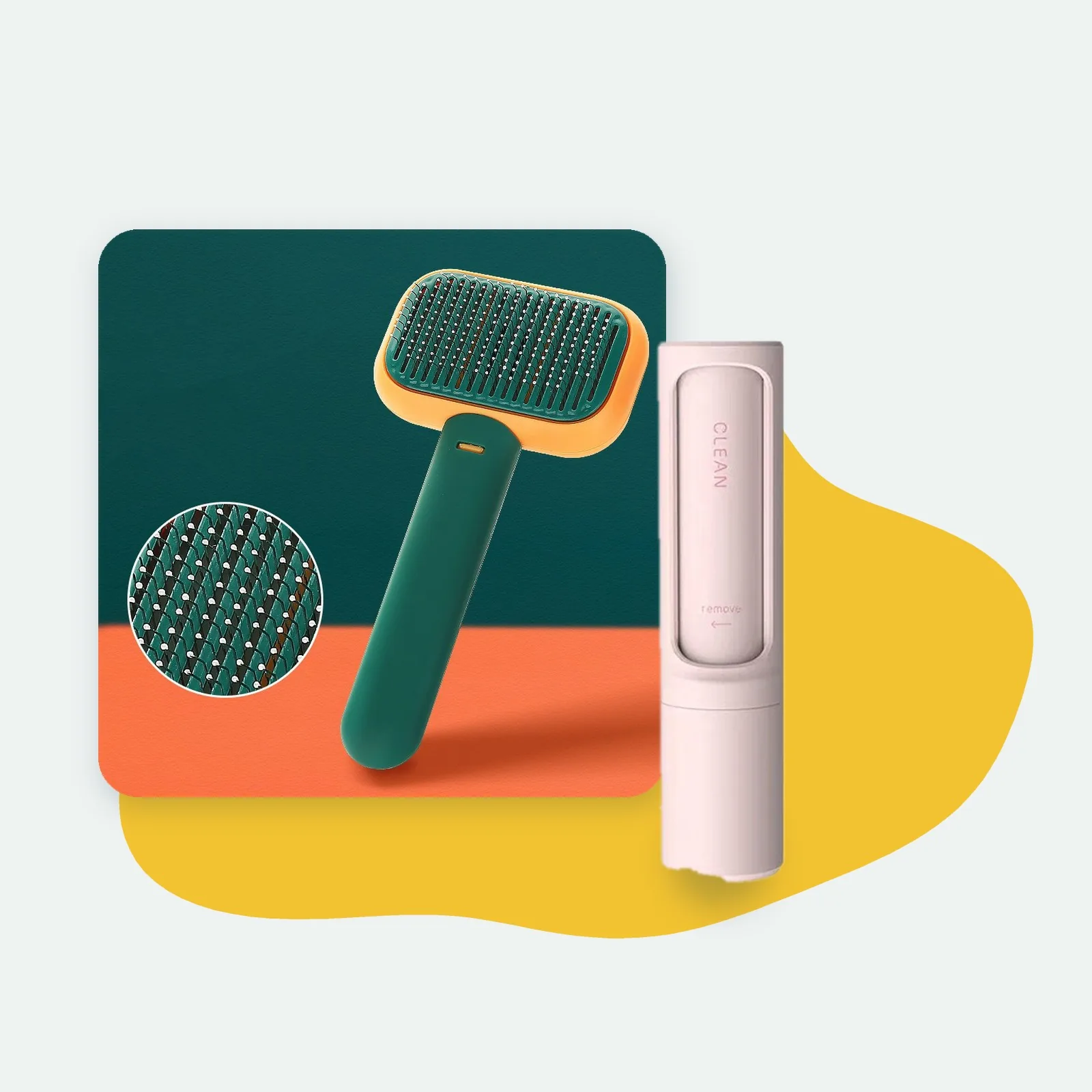 Self-cleaning slicker brush and reusable pet hair remover from the Groom at Home Kit