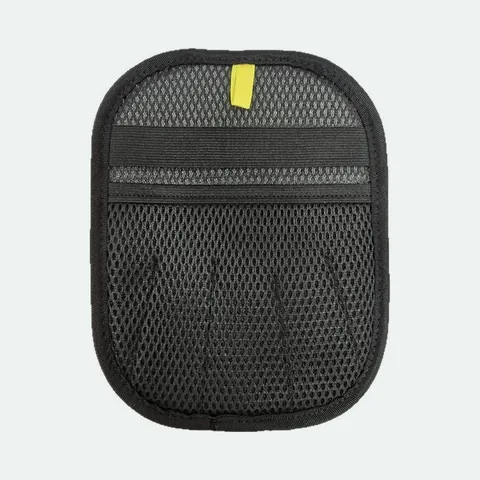 Black mesh pet hair mitt with a grey band and a yellow pull tab