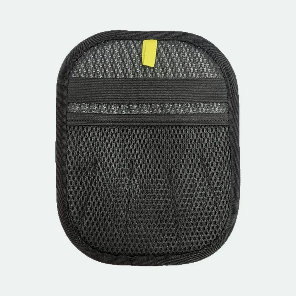 Black mesh pet hair mitt with a grey band and a yellow pull tab