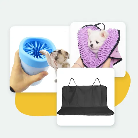 The Muddy Walk Kit: paw washer cup, chenille drying towel and rear seat protector mat