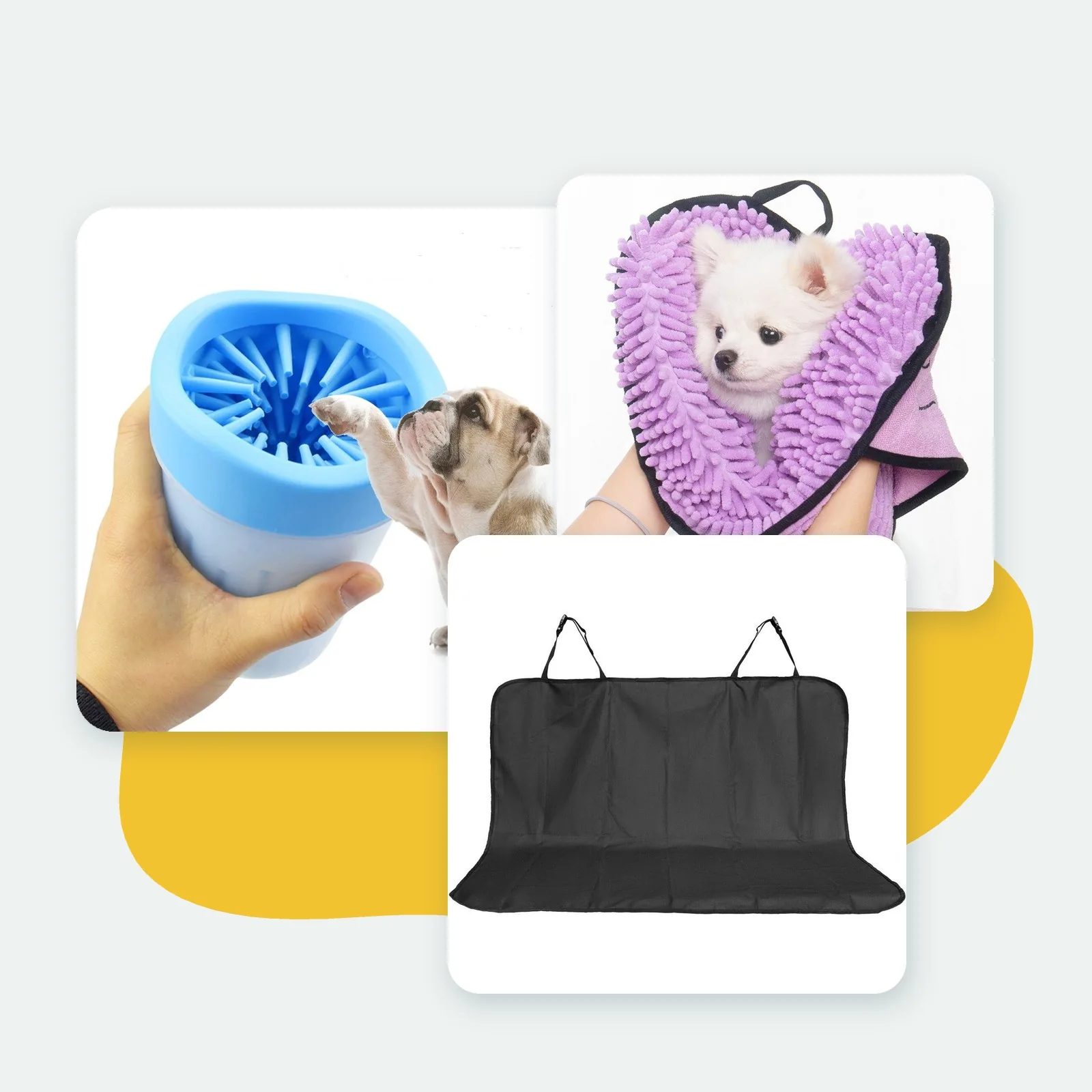 The Muddy Walk Kit: paw washer cup, chenille drying towel and rear seat protector mat