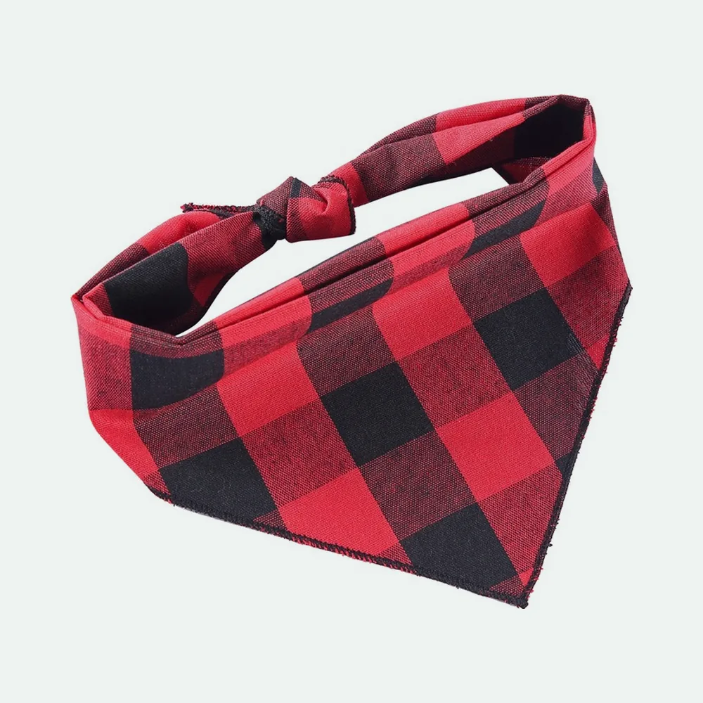Red and black check cotton bandana tied in a triangle