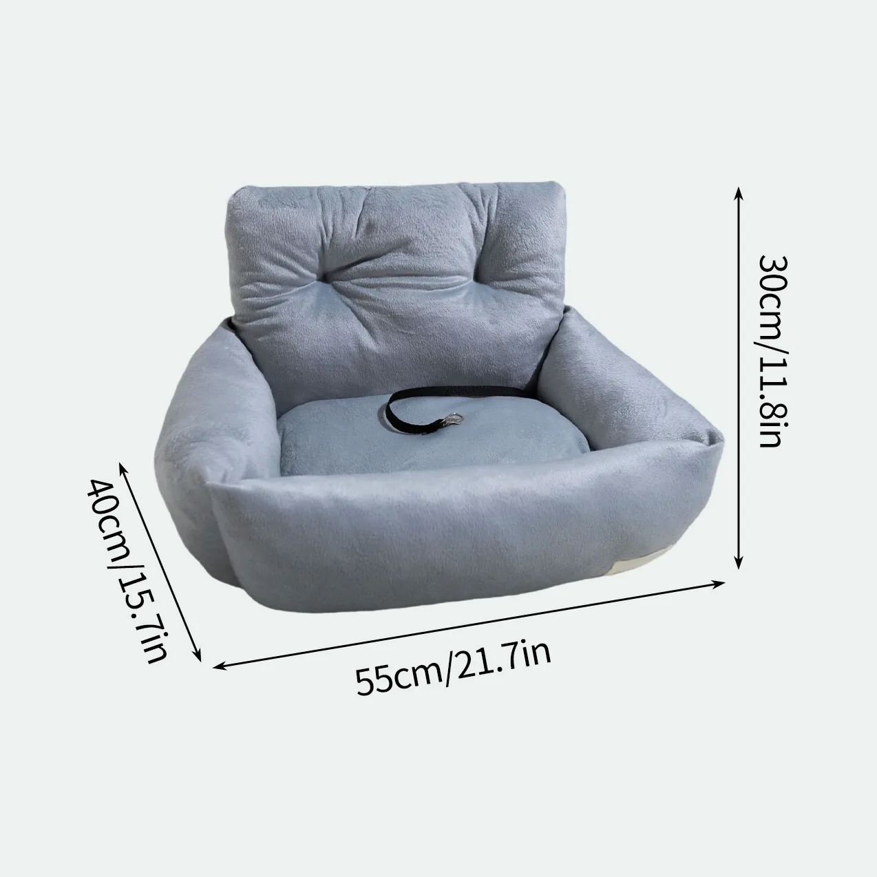 Grey plush booster seat with its measurements marked: 55 cm wide, 40 cm deep and 30 cm high