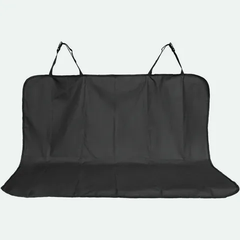 Black rear seat protector mat with two headrest straps, laid out flat