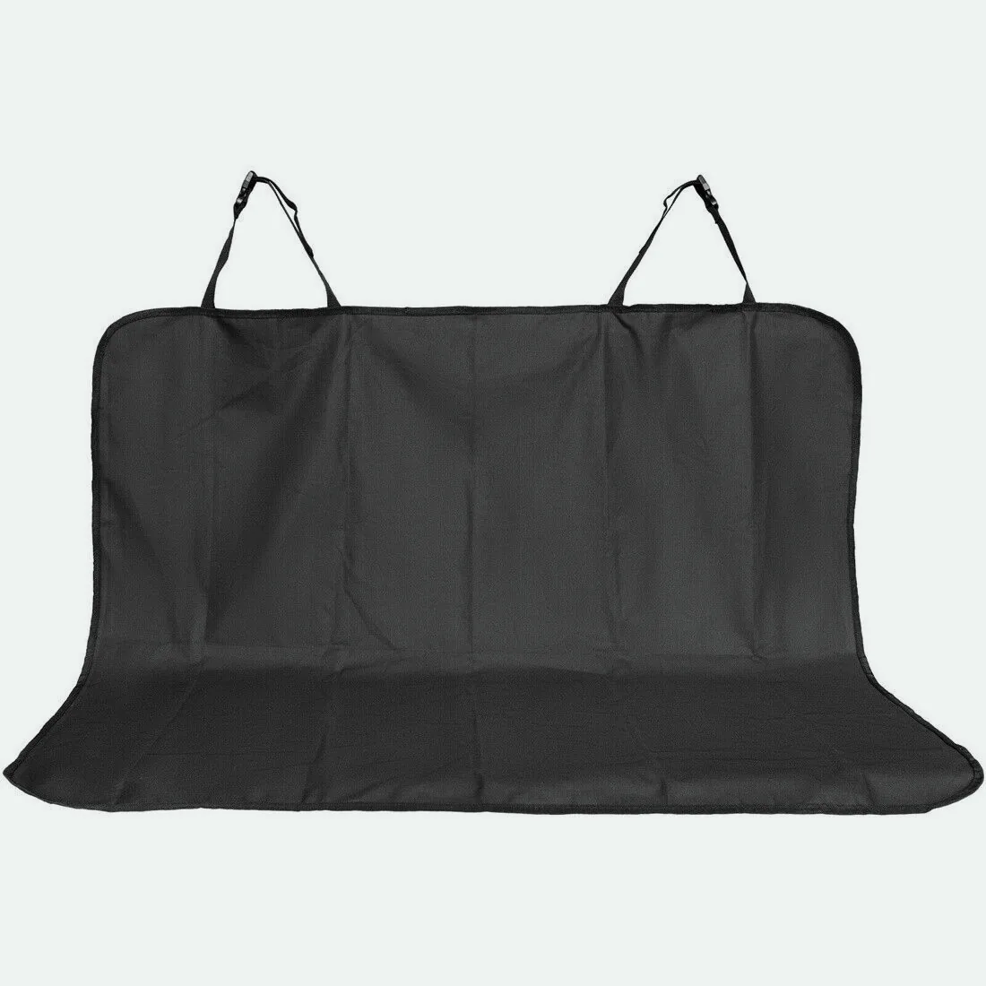 Black rear seat protector mat with two headrest straps, laid out flat