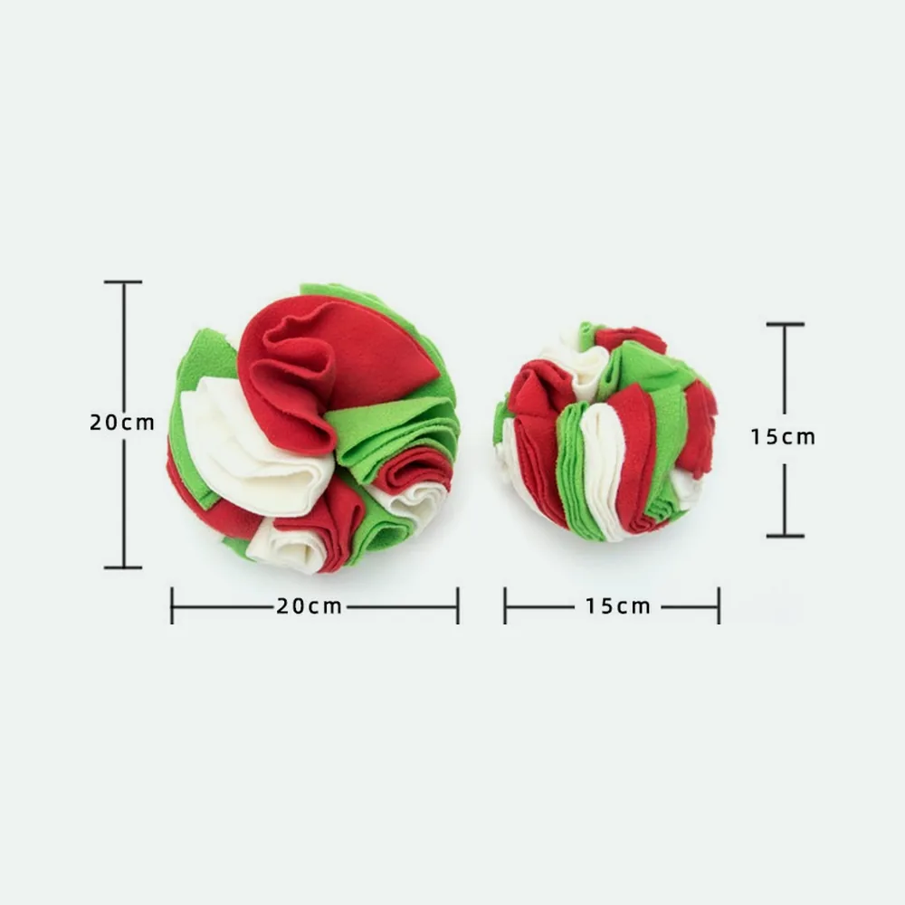 The two snuffle ball sizes side by side, 20 cm and 15 cm across