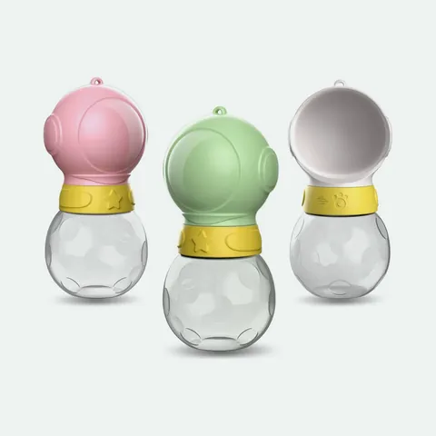 Three dog walk water bottles with pink, green and white drinking bowls on clear bottles